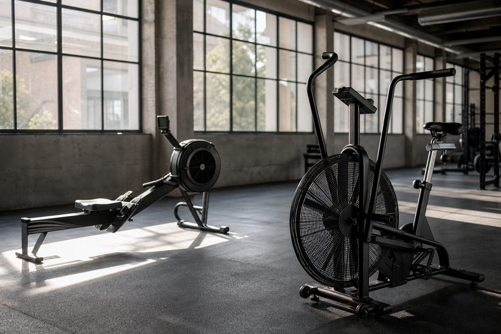Rowing machine and air bike in a training space